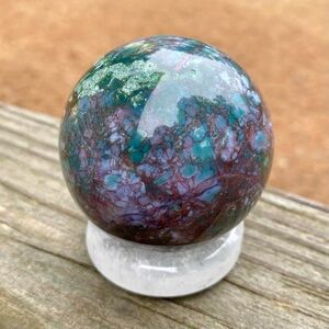 SOLD ON M Orbicular Ocean Jasper Sphere w/ Clear Quartz Sphere Holder